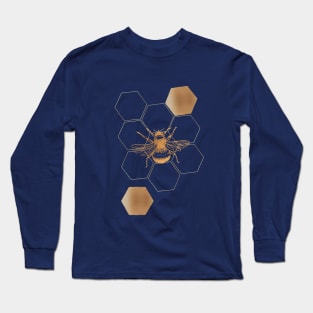 Gold Honey bee with hexagon on navy Long Sleeve T-Shirt